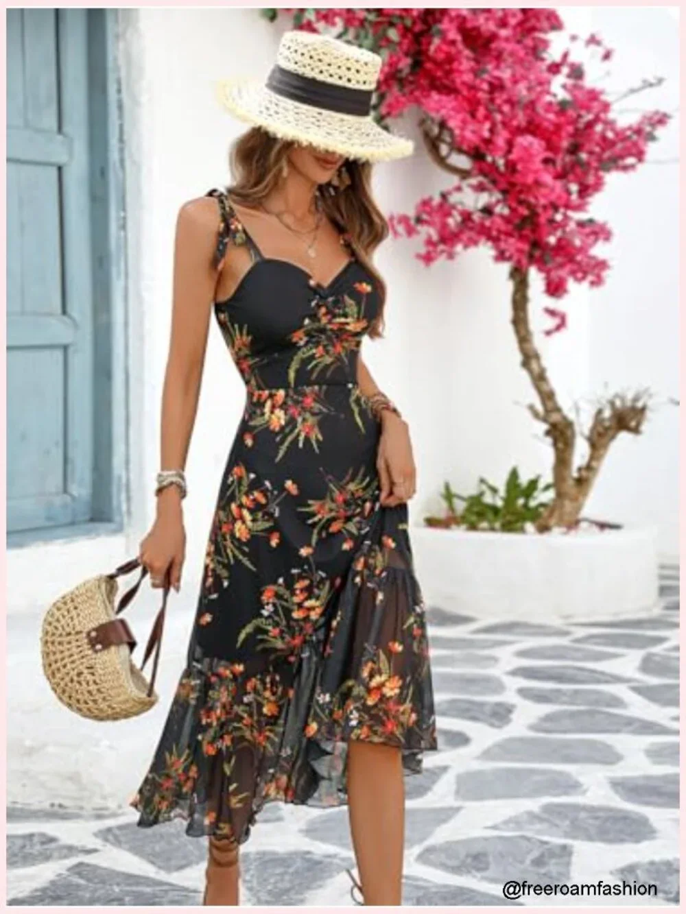Floral Mesh Midi Dress Sweetheart Neck Tie Straps Ruffle